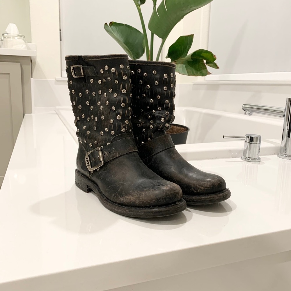 Frye Jenna distressed studded moto boots